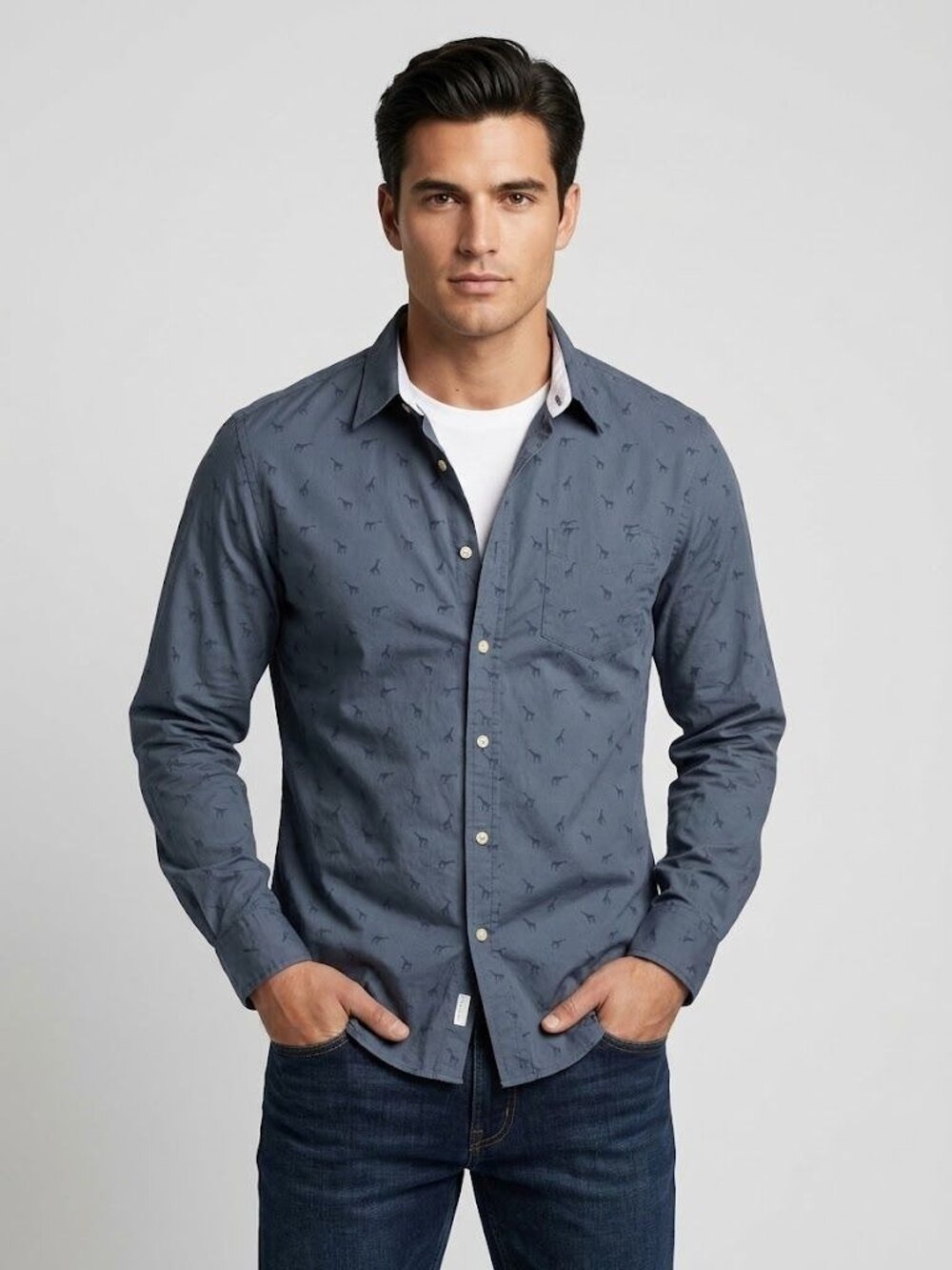 Banana Republic Mens L Grant Slim Fit Blue Giraffe Print Stretch Poplin Shirt